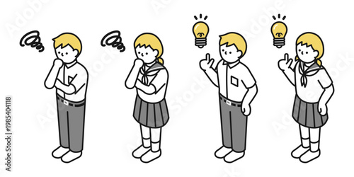 アイソメトリックイラスト:アイデアを思いつく男女 考える男女(夏服中学生)