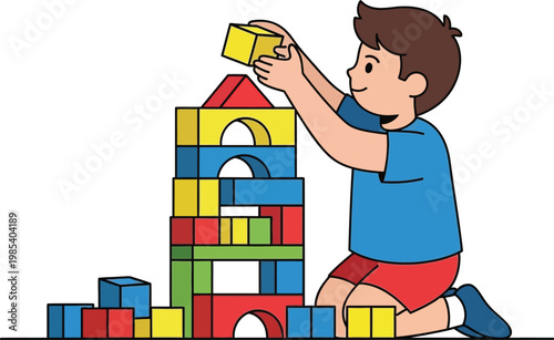 Boy building tower with colorful blocks, early childhood development, creativity, fun playtime