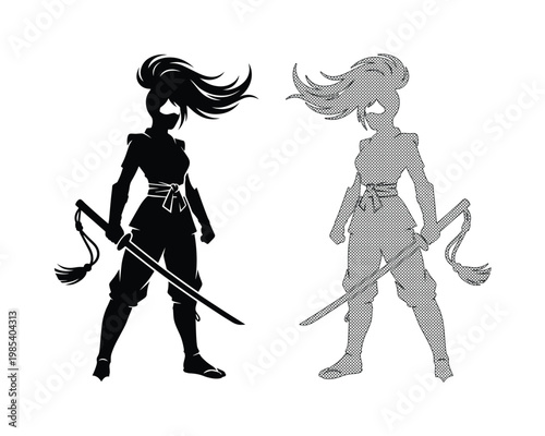 Japanese ninja warrior silhouette, female samurai assassin with katana sword, martial arts fighter vector illustration, black and gray character set