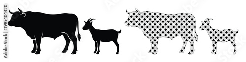 Black farm animal silhouettes, bull and goat vector icons, livestock cattle and caprine shapes with polka dot patterns, 4 elements collection