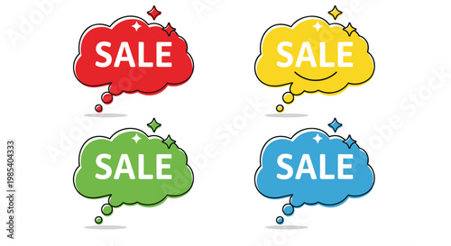 Four colorful speech bubbles in red yellow green and blue featuring the word sale and sparkling stars for promotional marketing.