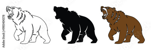 Grizzly bear mascot vector set, roaring brown bear silhouettes and line art, aggressive wild animal icons for sports team logos and hunting club branding