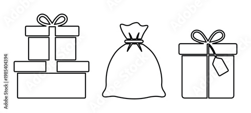 Minimalist gift box icons and holiday present sack, thin line vector set of 3 gift elements, simple black and white outline surprise packages