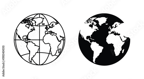 Two globes depicted in black and white one as a striking silhouette