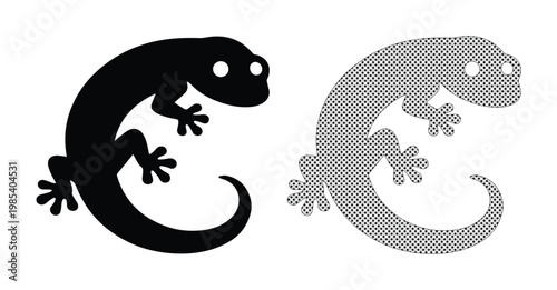 Salamander silhouette vector icons, black and halftone lizard graphics, amphibian reptile symbols for nature branding and wildlife logos