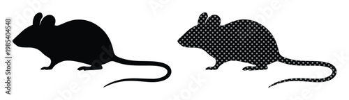 Black mouse silhouette set, solid and halftone pattern rat vector icons, rodent animal shapes for pest control and wildlife design