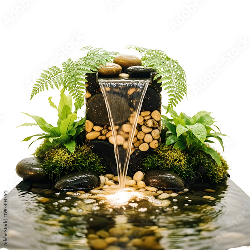 Tranquil water feature with flowing water and natural elements against a transparent background