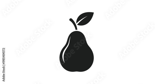 Simple and elegant black silhouette of a whole pear fruit with a stem and a single leaf on a clean white background for minimalistic design.