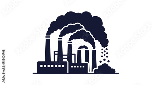 Dark silhouette of an industrial factory plant with four tall smoking chimneys and a pile of discarded material or waste products nearby.