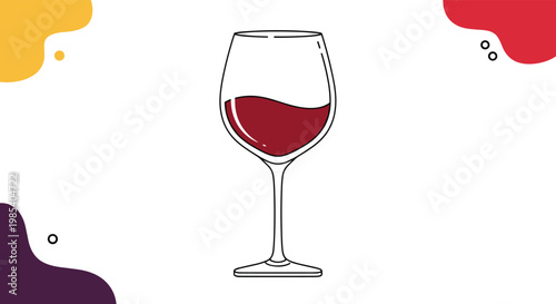Simple outline of a wine glass partially filled with red wine on a background with abstract colorful liquid shapes.