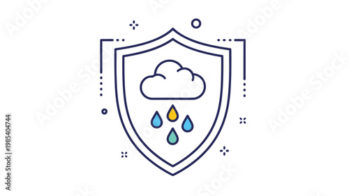 Weather protection shield icon with cloud and raindrops represents insurance coverage against environmental damage and rain related risks.