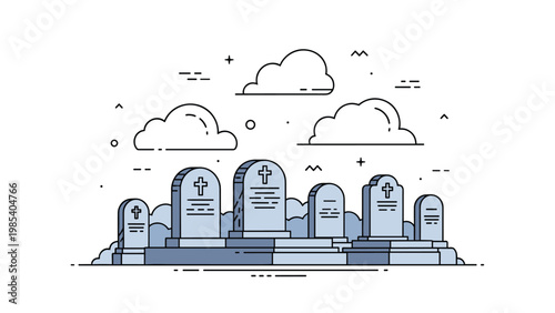 Traditional cemetery with various tombstones under a cloudy sky illustrated in a clean line art style for bereavement or history concepts.