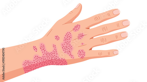 Human hand with red skin rash and spots illustration depicts medical conditions like eczema psoriasis or allergic reactions for health education.