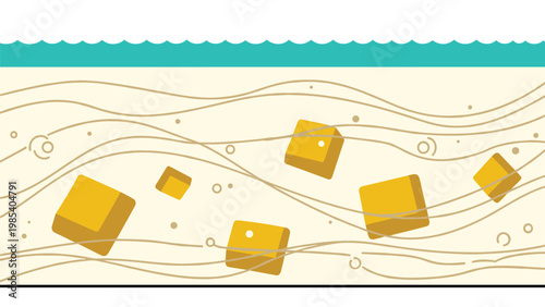 Underground deposit of gold nuggets in layered soil or water currents illustrates resource extraction and geological treasure hunting concepts.