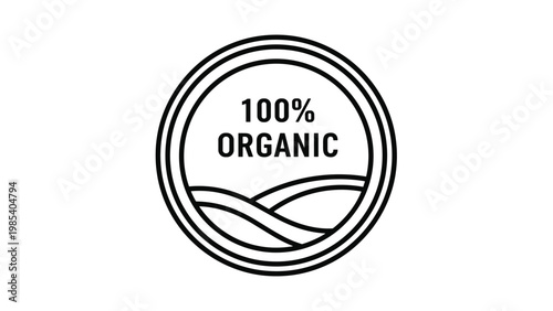 Circular 100 percent organic certification seal featuring hills and fields is used for labeling natural and eco friendly food products.