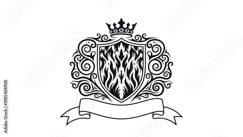 Intricate heraldic crest featuring a crown shield and ornate swirling patterns represents nobility heritage and luxury branding design.