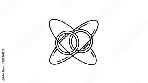 Abstract black and white icon of two interlocking rings surrounded by oval orbits suggests atomic structures or molecular bonds in science.