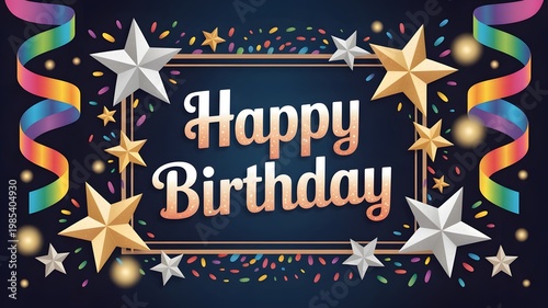 Happy Birthday elegant greeting card design with festive stars, colorful confetti, and rainbow ribbons on a dark blue background.