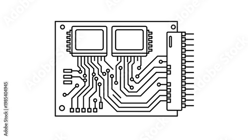 Technical line art diagram of a circuit board with two processors and various electronic components for hardware engineering concepts.