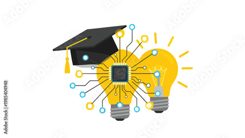 Conceptual illustration featuring a graduation cap light bulbs and a microchip represents the integration of education with modern technology.
