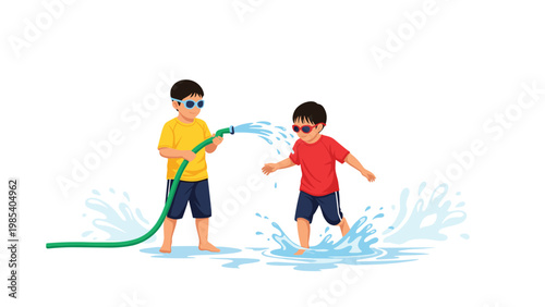 Two young boys having fun playing with a garden water hose outdoors on a sunny day illustrated in a colorful flat style.