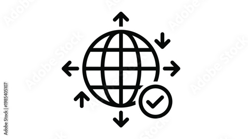 Global distribution network icon featuring earth globe with multi-directional arrows and success checkmark symbol on white.