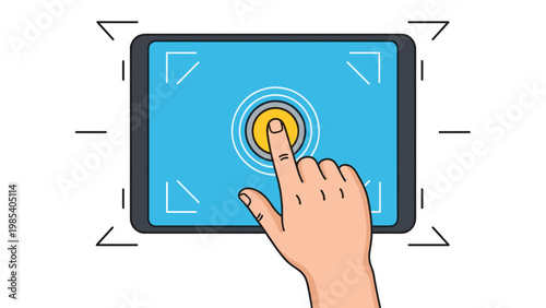 Human hand interaction with digital tablet screen featuring user interface elements and touch point focal indicators design.