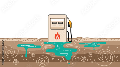 Environmental pollution concept showing fuel pump station leaking hazardous chemical liquids into soil and underground layers.