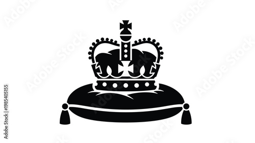 Royal crown resting on ceremonial cushion icon in solid black and white style representing monarchy and authority concepts.