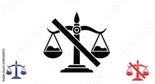 Scales of justice icon crossed out with a diagonal line representing the absence of law or a message about unfairness and legal rules.