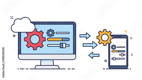 Cross platform device synchronization concept showing desktop computer and smartphone exchanging data and settings via cloud.