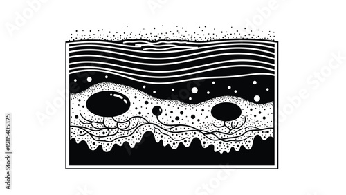 Scientific cross section diagram showing layers of biological tissue or skin with follicles and cellular structures in black.