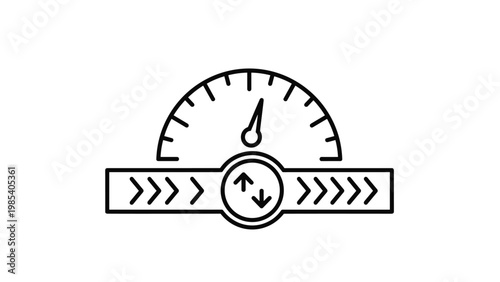 Speedometer gauge icon with needle indicator and directional arrows for performance measurement and data transfer concepts.