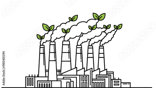 Eco friendly factory concept showing industrial chimneys emitting green leaves instead of smoke for sustainable manufacturing.