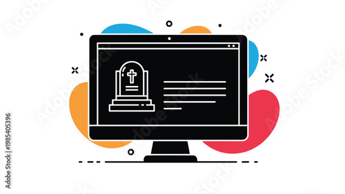 Memorial website concept on computer monitor screen featuring gravestone icon and text for digital remembrance services.