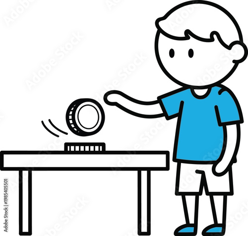 Boy Flipping Coin on Table, Decision Making, Chance, Game Concept Illustration