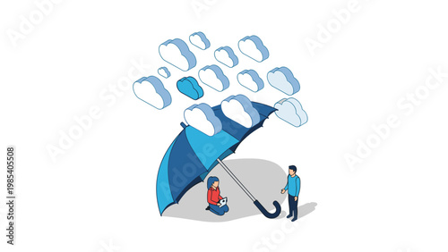 Group of business people finds protection under a large blue umbrella while clouds representing data or risks hover above.