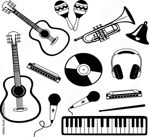 Musical instrument vector collection featuring hand drawn guitar trumpet keyboard microphone and headphones elements for creative music festival posters or graphic design school educational projects