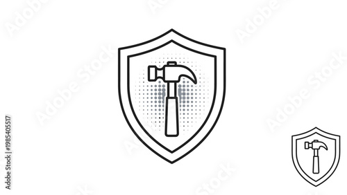 Strong hammer tool icon placed inside a protective shield symbol represents building safety and structural reinforcement.