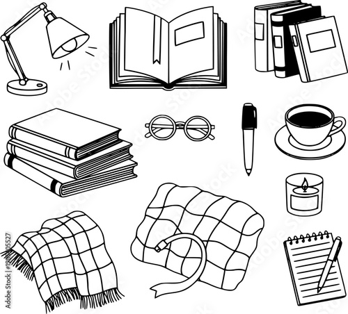 Cozy hygge reading and study elements vector illustration set with books, lamp, coffee, and blankets perfect for educational or lifestyle designs.