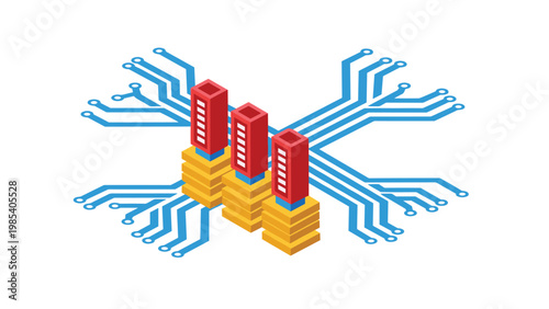High performance computer servers are arranged on an intricate digital circuit board representing data center operations.