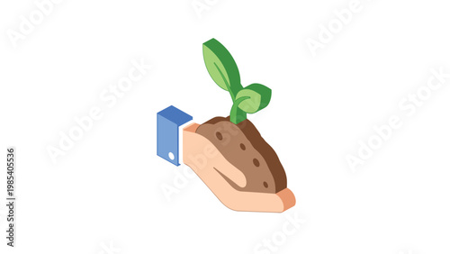 Human hand gently cradles a growing plant in a small pile of soil to represent environmental care and nurturing nature.