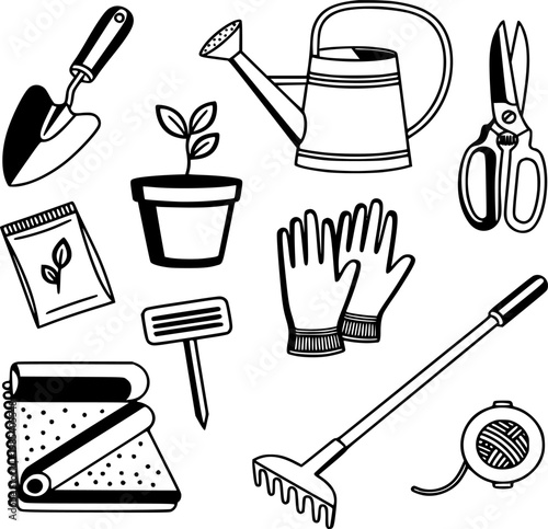 Gardening tools collection vector illustration featuring various horticultural equipment like shovel rake watering can gloves and seeds for home planting and hobby backyard farm design