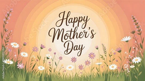 Happy Mother's Day floral illustration. Spring meadow with daisies, purple flowers, and green grass on a warm pastel gradient. Ideal for greeting cards, banners & celebration.