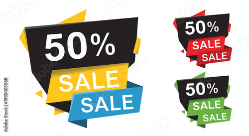 Collection of fifty percent sale banners in different color themes including red green and blue for various seasonal store promotions.