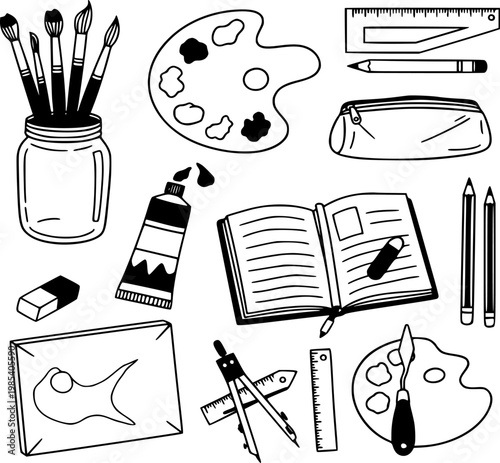 Art supplies collection vector illustration featuring various drawing and painting tools like brushes notebooks palettes and pencils for creative projects and graphic design studio concepts