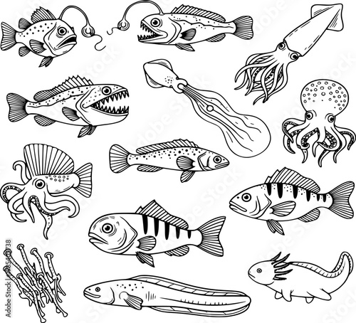 Deep sea animals collection vector illustration featuring various underwater creatures like anglerfish squid octopus and exotic fish drawn in a clean black and white style
