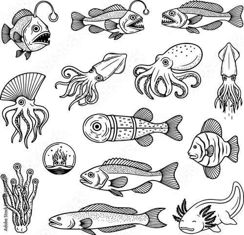 Sea creatures vector illustration set featuring various deep ocean marine animals including exotic fish squid octopus and coral elements in black and white line art