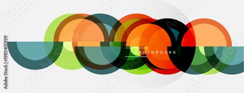 Abstract colorful overlapping circles create dynamic visual pattern. Bright hues blend, forming modern design element.