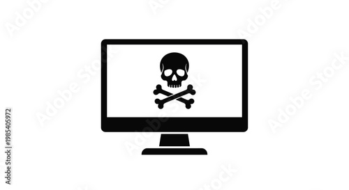 Computer monitor displaying a skull and crossbones symbol to represent hacking virus attack and digital security threats.